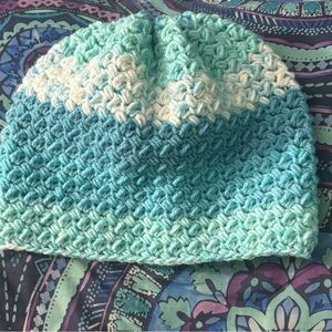 Hand-Crocheted Gradient Beanie in Aqua and white